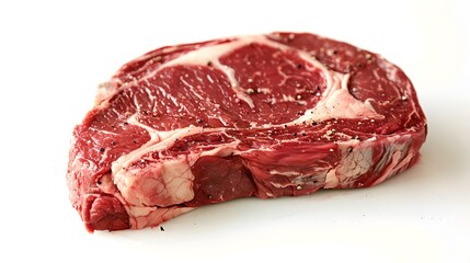 Obraz premium Fresh raw steak ready for cooking, isolated on white background. Delicious beef cut for a gourmet meal. Culinary delights for meat lovers. AI