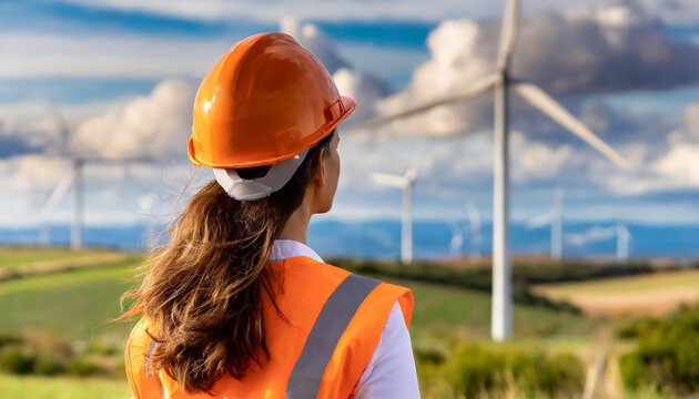 Mulher de costas, vestindo uniforme de constru&ccedil;&atilde;o laranja, capacete de constru&ccedil;&atilde;o, observando campo de energia e&oacute;lica.