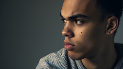 Young biracial man looks thoughtfully to the side with copy space his expression suggests contemplation or anticipation in a neutral setting : Generative AI - Powered by Adobe