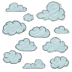 Set of hand drawn cloud in doodle style. Cartoon design elements. Vector illustration