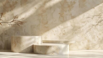minimalist beige podium display with natural textures and shadows luxury product showcase
