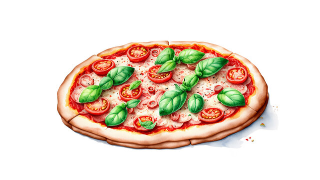 Watercolor image of yummy pizza with tomato, cheese, and basil, painted in soft colors, on a clean white background 