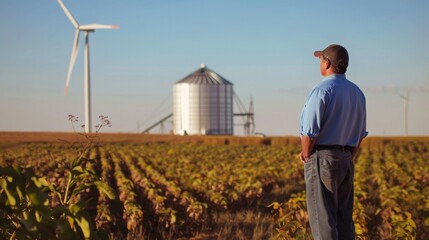 Fototapeta premium A man stands at the edge of a biofuel crop field observing a center pivot irrigation system at work. A large water tank can be seen nearby supplying the system with water. In the distance .