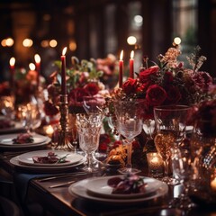 A beautifully set table with red flowers and candles - obrazy, fototapety, plakaty