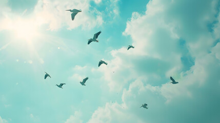 Flock of flying pelicans Cloudy sky and silhouette of flying birds Tranquil scene freedom hope motivation concept copy space : Generative AI - obrazy, fototapety, plakaty