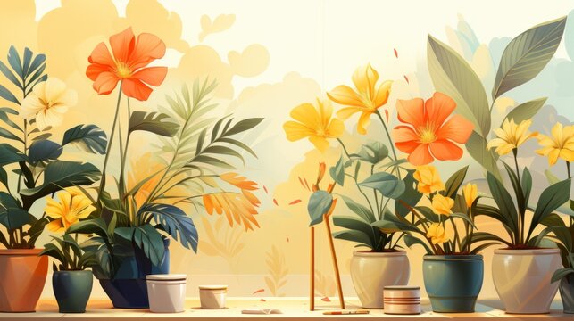 A beautiful painting of a variety of flowers in pots with a yellow background