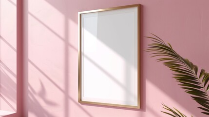 Simple white picture frame mockup on a blush pink background with gold accents .