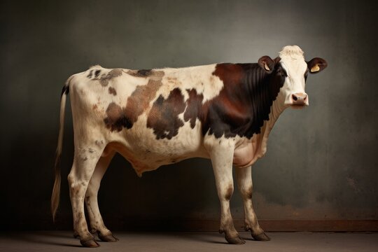 A majestic brown and white cow gracefully stands inside a room