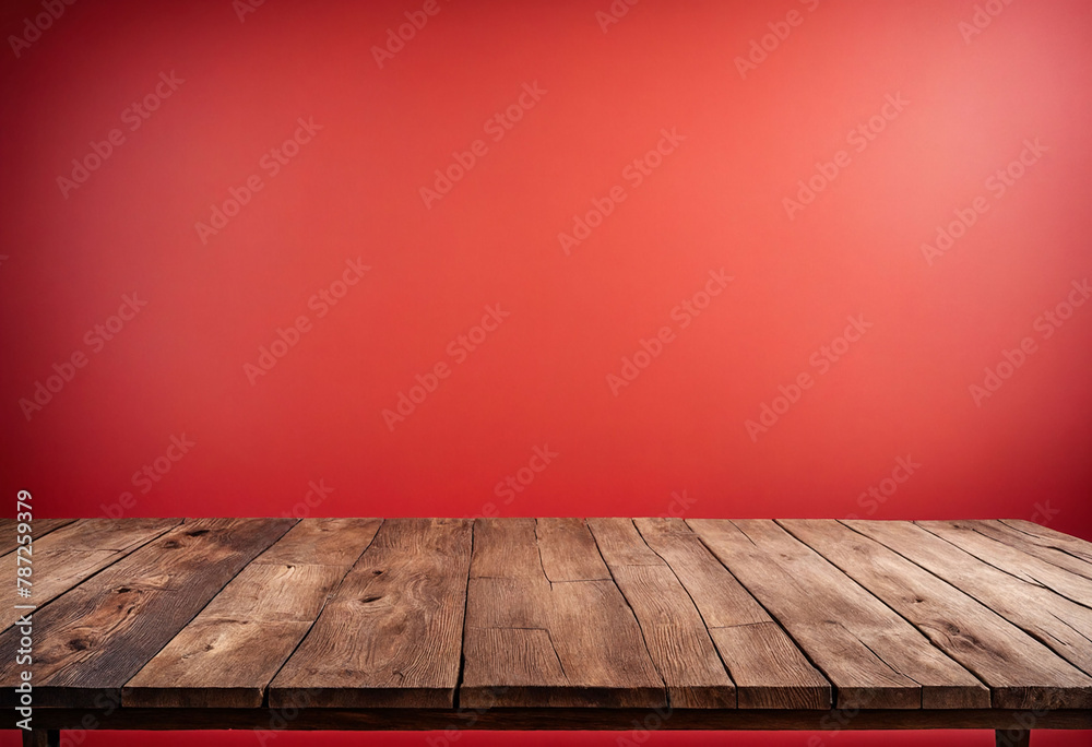 Aufkleber Light red background with an empty wooden table and plenty of room for your branding and copy. Use as a montage for a product display. Vintage style concept