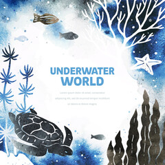 Vector template with turtle, fish, starfish and seaweed on white background. Watercolor illustration with underwater nature and marine wildlife. Design for flyer, list, ad, banner, invitation