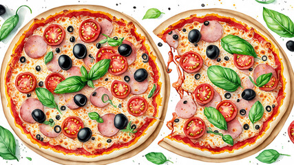 Watercolor illustration of a delicious pizza Margherita with tomato, cheese, and basil 
