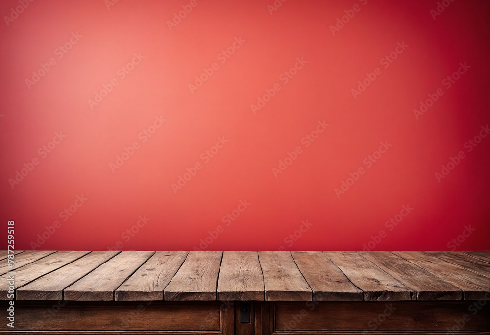 Aufkleber Light red background with an empty wooden table and plenty of room for your branding and copy. Use as a montage for a product display. Vintage style concept