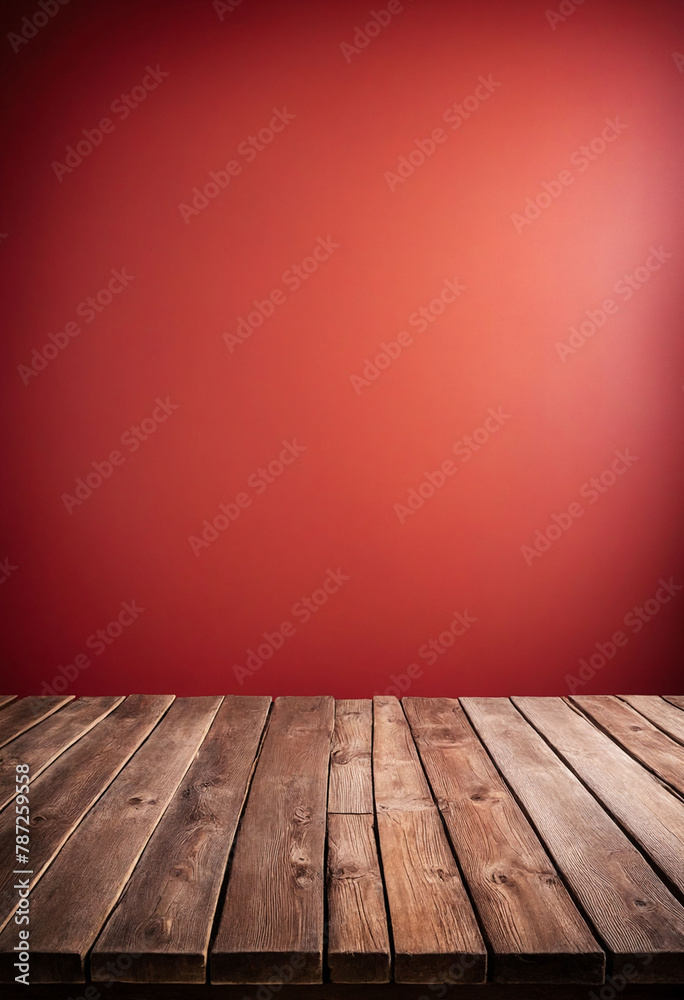 Aufkleber Light red background with an empty wooden table and plenty of room for your branding and copy. Use as a montage for a product display. Vintage style concept