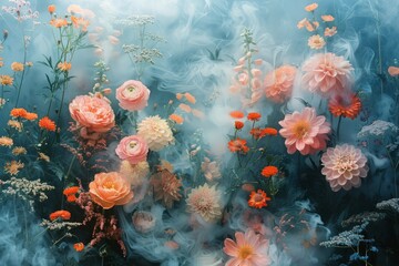 Colorful flowers in the mist