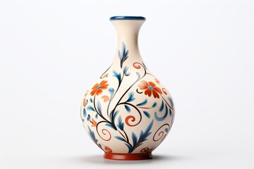 A white vase decorated with intricate blue and orange patterns, adding a pop of color to any space