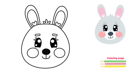 Cute outline bunny face, head. Coloring page illustration for kids. Rabbit animal in line drawing. For printable children's and adults coloring page or book