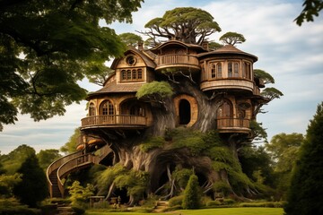 Fantacy tree house on a big tree in a beautiful park 