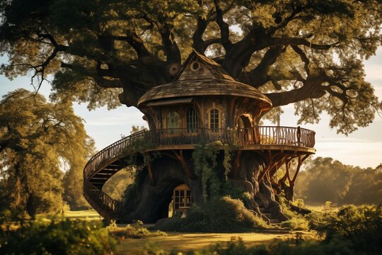 Fantacy tree house on a big tree in a beautiful park 
