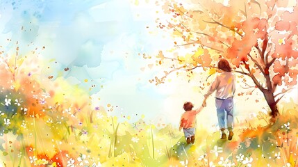 Watercolor Mother and Child's Springtime Walk through a Blossoming Garden