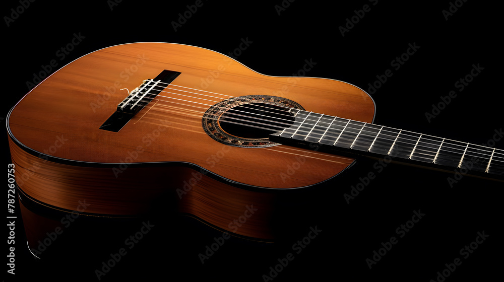 Poster Classical guitar close up dramatically lit on a black background with copy space : Generative AI