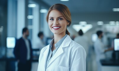 A woman in a lab coat stands confidently in an office setting
