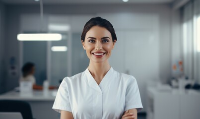 A woman in a white lab coat smiling cheerfully at the camera