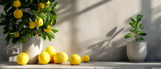 Minimal kitchen interior mockup with lemons and fruits composition. Still life.  Generative ai