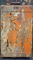 weathered suitcase with peeling orange paint