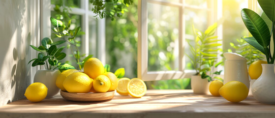 Minimal kitchen interior mockup with lemons and fruits composition. Still life.  Generative ai
