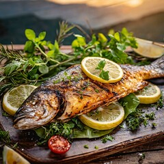 a perfectly grilled fish served on a rustic wooden table. The golden-brown skin of the fish glistens under the warm light, while fresh herbs and lemon slices add a pop of color and freshness to the sc