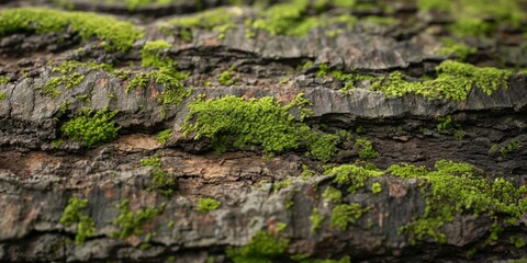A detailed close-up of vibrant green moss growing on the rough textured surface of an old tree bark, depicting natural details