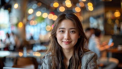 Obraz premium Smiling Asian businesswoman on a laptop at a vibrant coffee shop