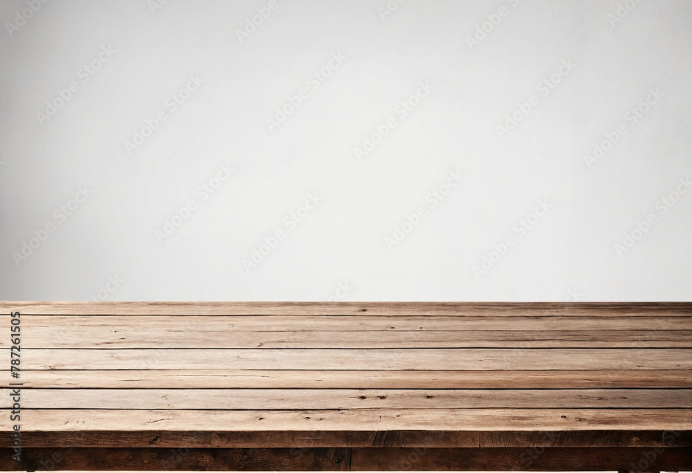 Poster White background with an empty wooden table and plenty of room for your branding and copy. Use as a montage for a product display. Vintage style concept