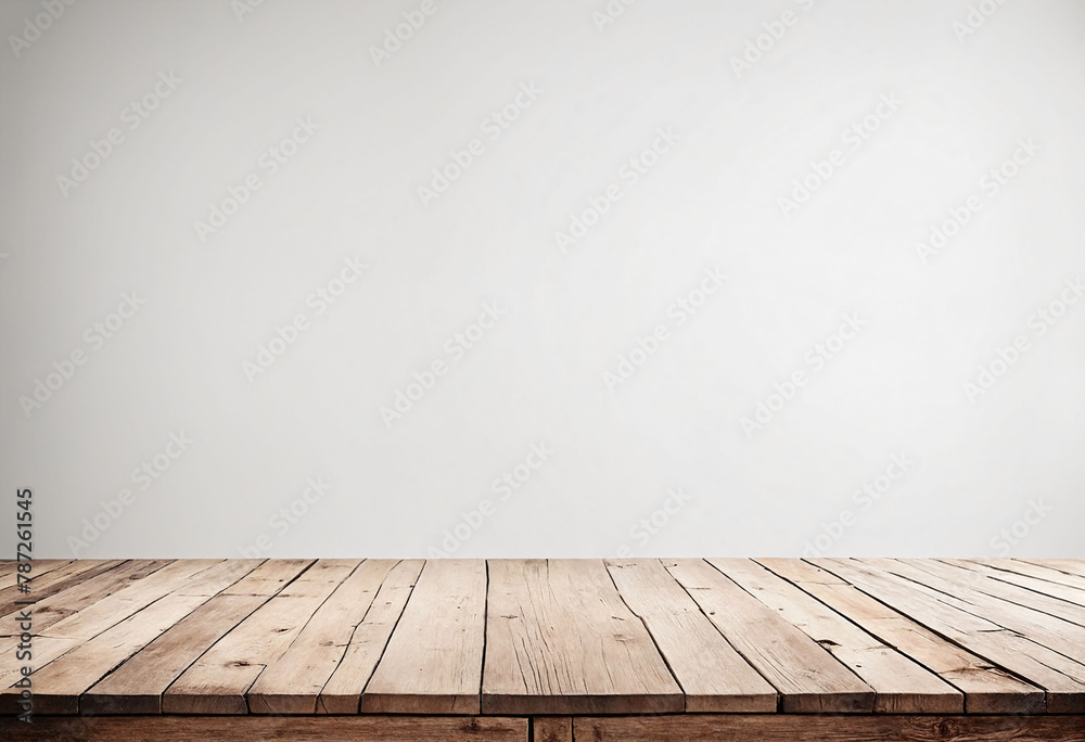 Poster White background with an empty wooden table and plenty of room for your branding and copy. Use as a montage for a product display. Vintage style concept