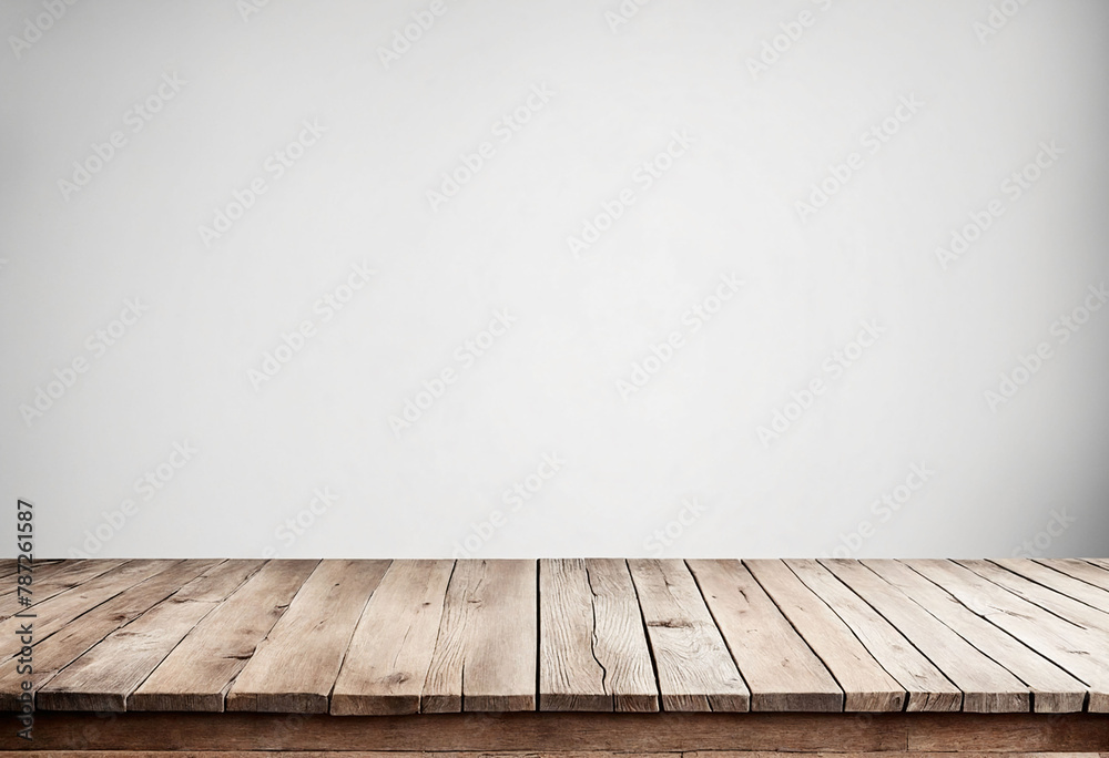 Poster White background with an empty wooden table and plenty of room for your branding and copy. Use as a montage for a product display. Vintage style concept