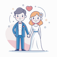 Obraz premium Vector illustration of beautiful wedding cartoon couple, Bride and groom at wedding, invitation card