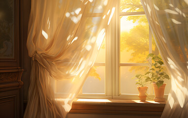 Beautiful white curtains on the windowsill in the morning light. - obrazy, fototapety, plakaty