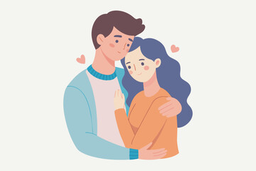 Young loving smiling couple boy and girl standing hugging embracing each other feeling in love vector illustration