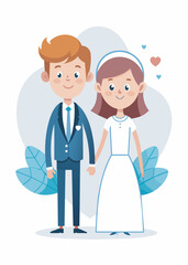 Vector illustration of beautiful wedding cartoon couple, Bride and groom at wedding, invitation card