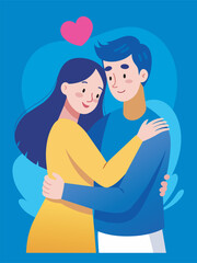 Young loving smiling couple boy and girl standing hugging embracing each other feeling in love vector illustration