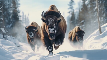 Bison in the winter snow