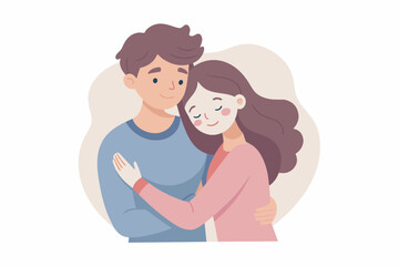 Young loving smiling couple boy and girl standing hugging embracing each other feeling in love vector illustration