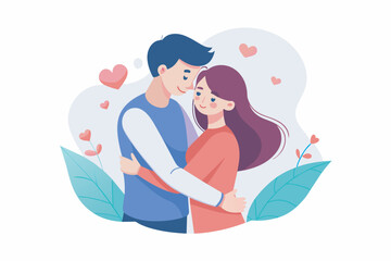 Young loving smiling couple boy and girl standing hugging embracing each other feeling in love vector illustration