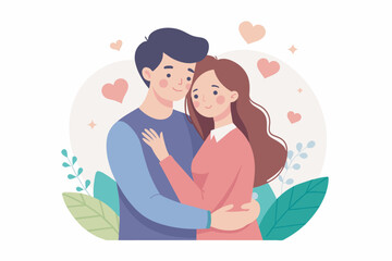 Young loving smiling couple boy and girl standing hugging embracing each other feeling in love vector illustration