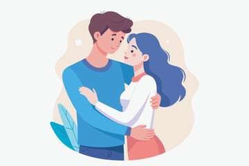 Young loving smiling couple boy and girl standing hugging embracing each other feeling in love vector illustration