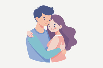 Young loving smiling couple boy and girl standing hugging embracing each other feeling in love vector illustration