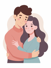 Obraz premium Young loving smiling couple boy and girl standing hugging embracing each other feeling in love vector illustration