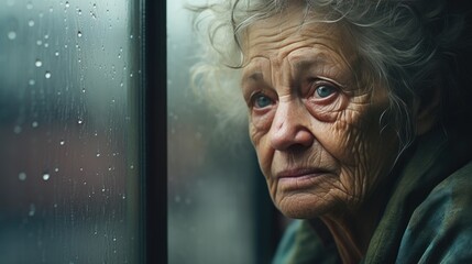 Solitude in Rain: Elderly Woman Contemplating