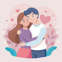 Young loving smiling couple boy and girl standing hugging embracing each other feeling in love vector illustration