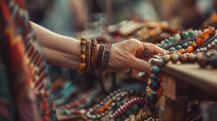 A womans hand delicately holds a bracelet in front of a display filled with various bracelets in a store setting - obrazy, fototapety, plakaty